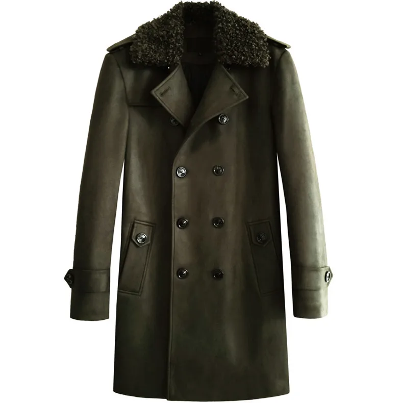 Suede Leather Trench Coat Men Windbreaker Warm Winter Cloak Mens Long Coat Plus Size 5xl 6xl Male Overcoat Korean Style Clothing