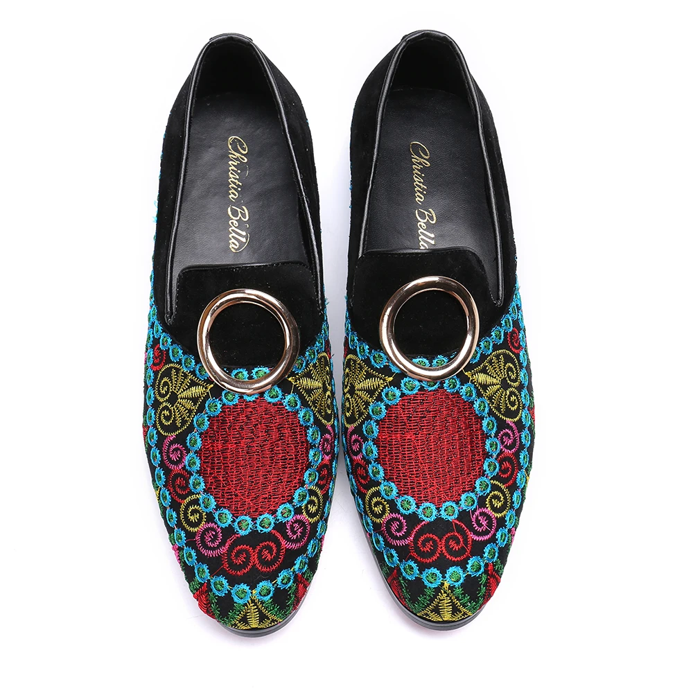 

Christia Bella New Fashion Embroidery Men Loafers Suede Leather Men Shoes Large Size Metal Ring Formal Slip on Party Shoes