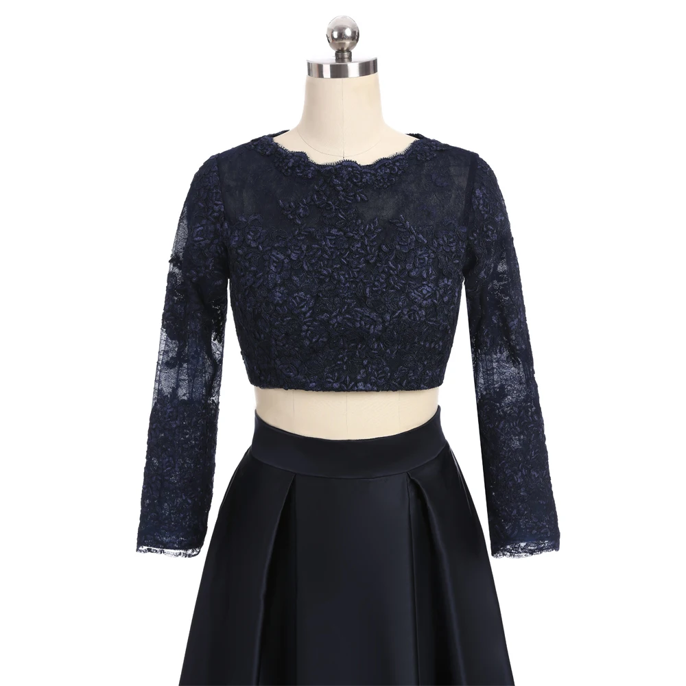 

Navy Blue Prom Dresses A-line High Collar Long Sleeves Lace Two Pieces Sexy Long Prom Gown Evening Dresses Evening Gown