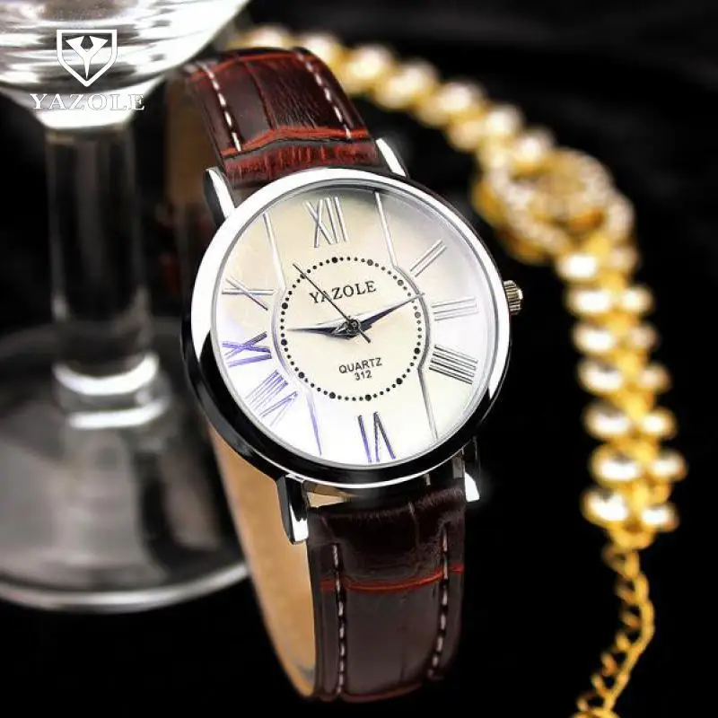 Классические часы от бренда yazole Rome с круглым циферблатом и кожаным кварцевым