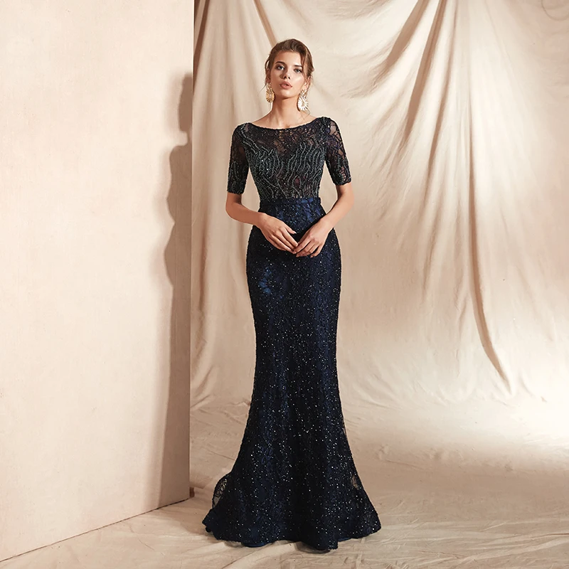 Forevergracedress дизайн темно синие вечерние платья Русалка с короткими рукавами официальная Вечеринка платья большого размера индивидуальный заказ