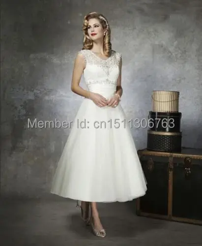 2013 New Gorgeous V-neck A-line zipper Back Tea Length Wedding Dresses | Свадьбы и торжества