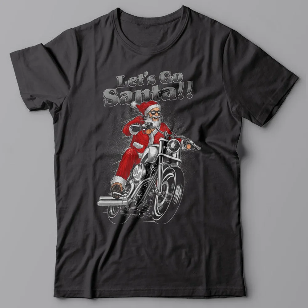 

Print O-Neck Christmas Motorcycle T-shirt LET'S GO SANTA - Santa Tee - Motorbike Summer Style T Shirt Men