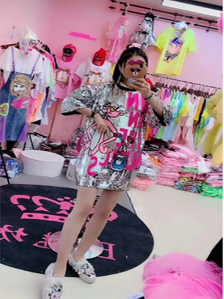 fashion Letter Sequins T Shirt Women Pink Panther Dress Summer Print T Shirt Women Half Sleeve Mini Dresses Oversize Tops