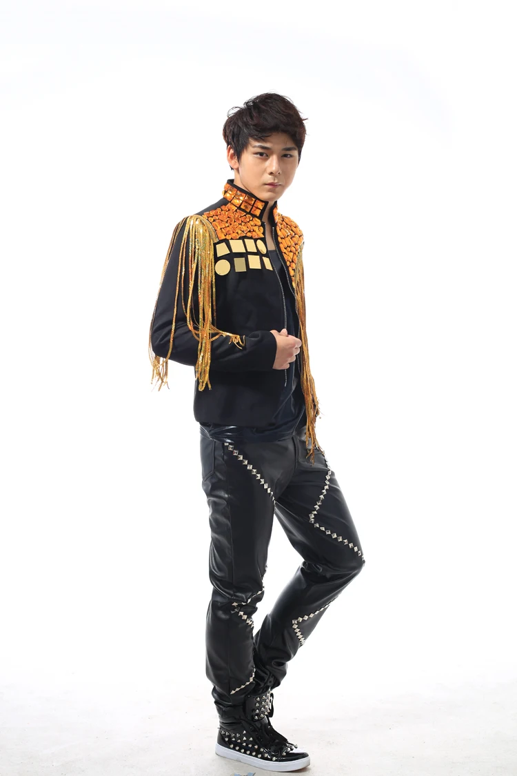 Мужской костюм черная куртка верхняя одежда пальто с бахромой корейское