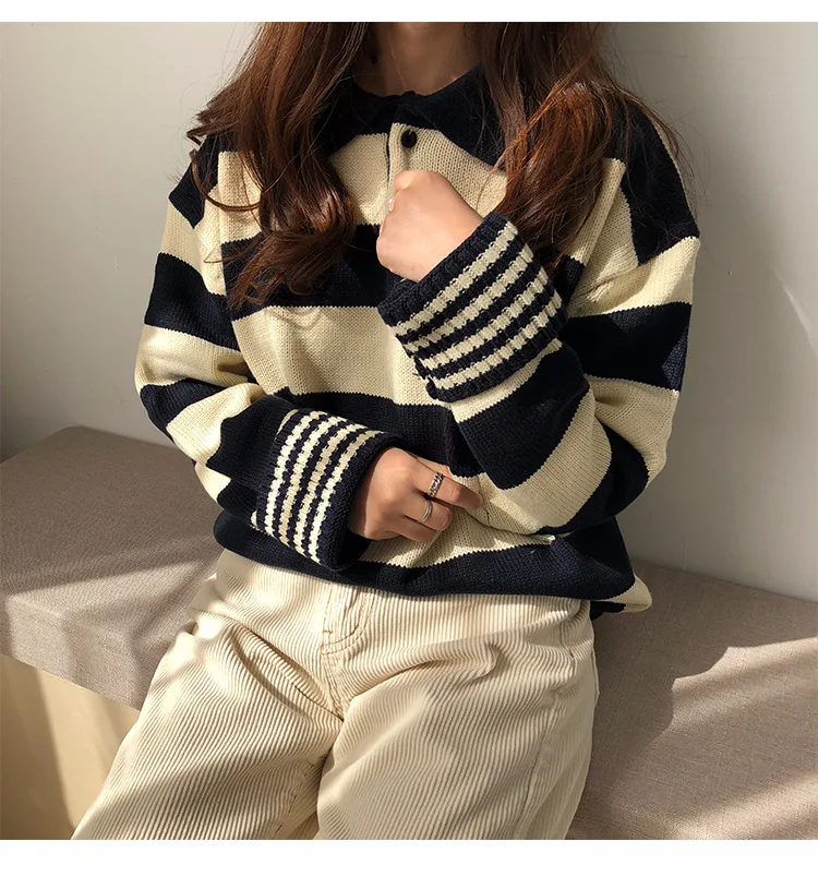 Зимний корейский свитер ulzzang модный Свободный Повседневный полосатый вязаный свитер шикарный Harajuku большой размер женский свитер ins