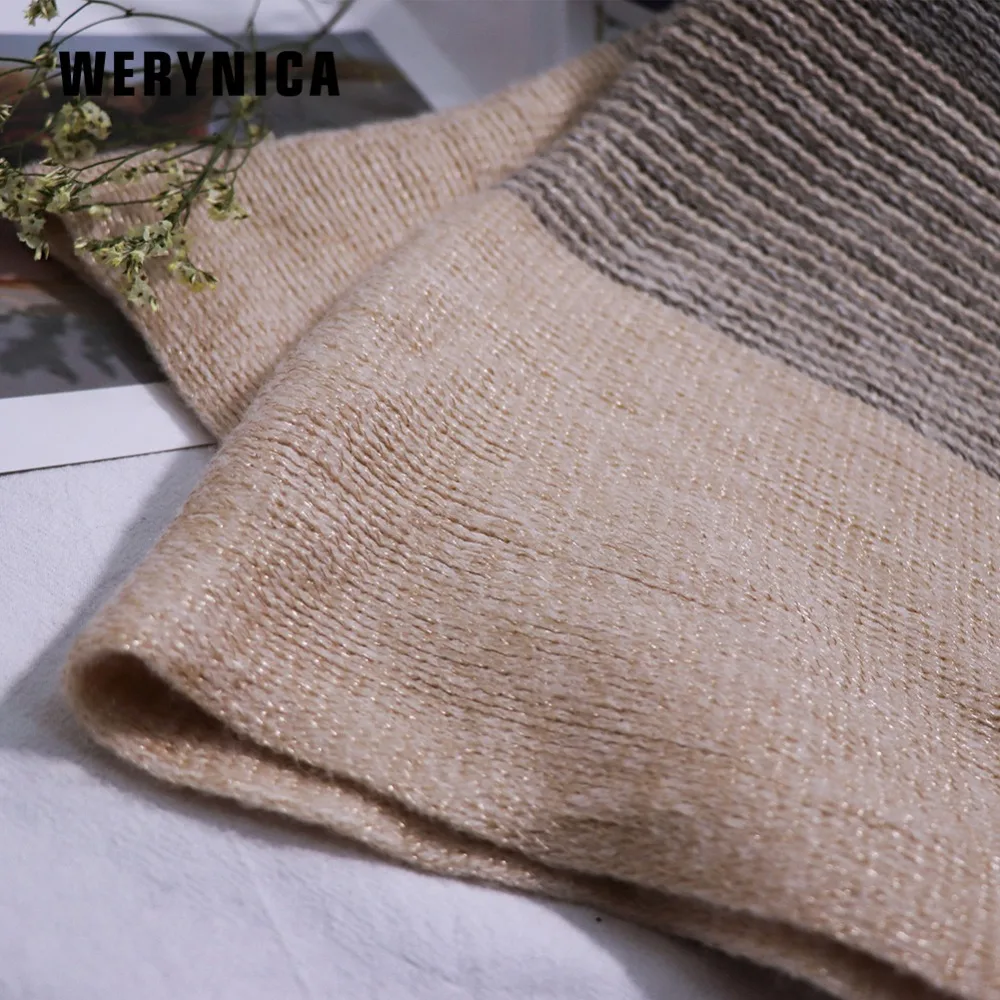 Werynica2018 autumn new women's fashion gradient stripes loose tassel shawl sweater ladies coat gold silk bat sleeve |