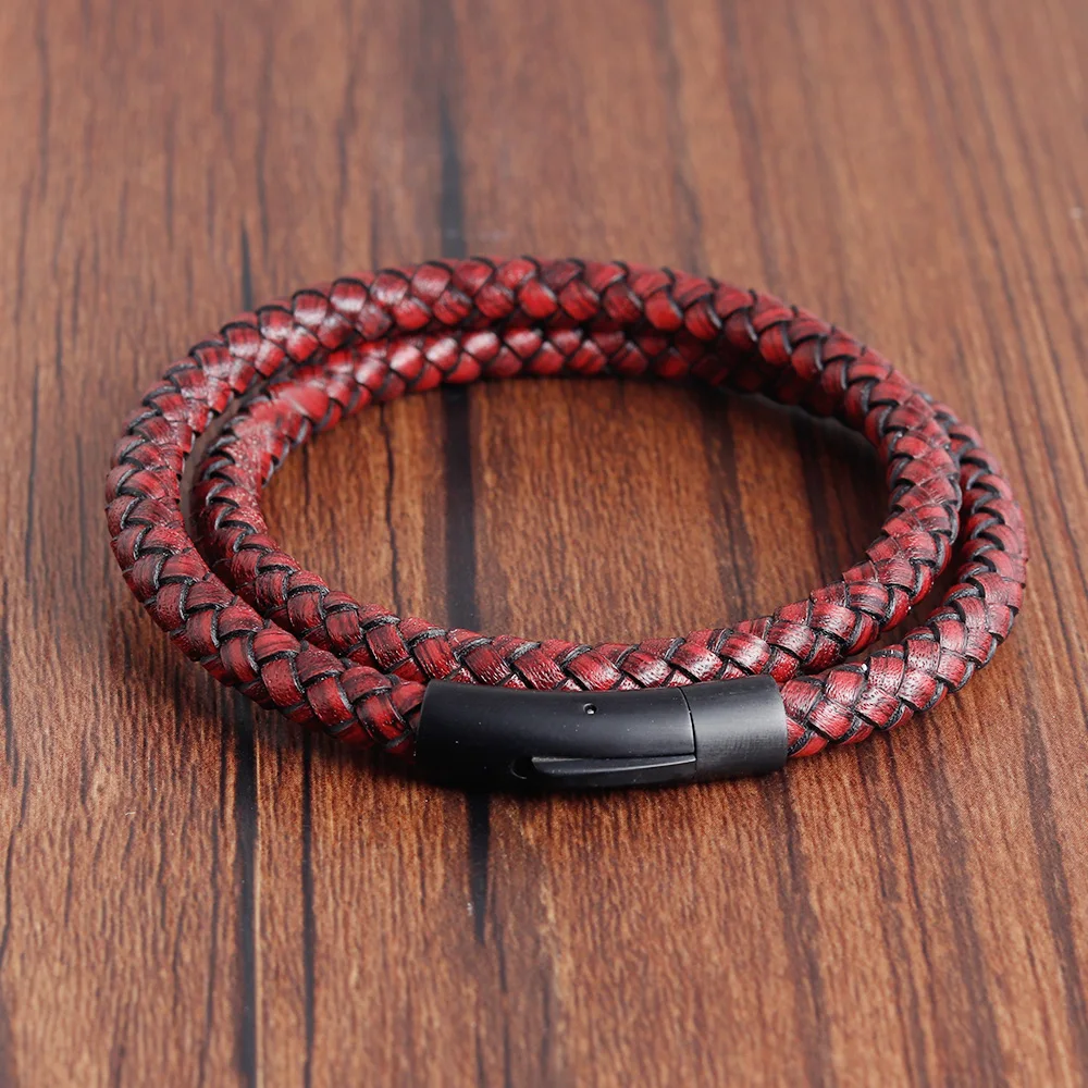 Мужской кожаный браслет в винтажном стиле простой черный из нержавеющей стали с