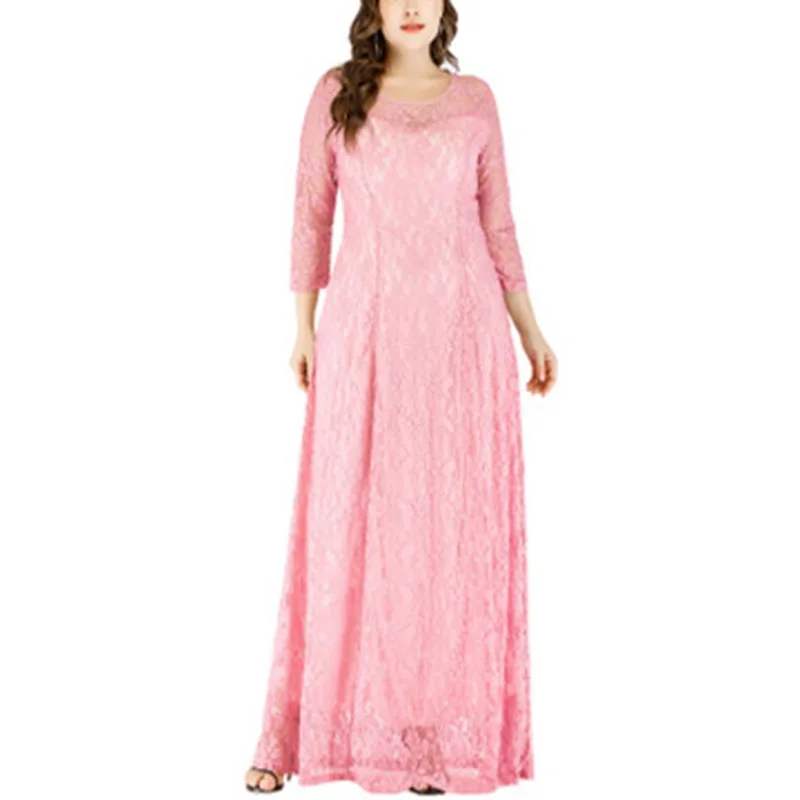 Розовый Осенний кружевной бюст 130 см Большой размер 4XL 5XL 6XL 7XL 8XL крюк цветок полый семиточечный рукав круглый вырез большое свободное модное платье - Цвет: Розовый