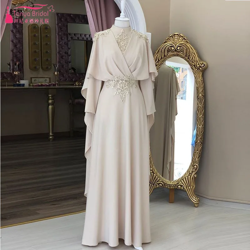 Марокканский кафтан вечерние платья с высоким воротом и длинным рукавом Robe De Soiree Дубай элегантная Кружевная аппликация торжественные платья ZE069 - Цвет: Бежевый