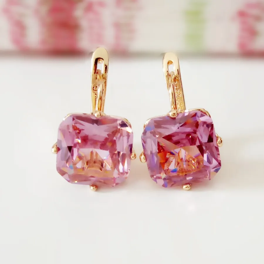 Женские серьги из розового золота 585 пробы с квадратными фианитами|wedding drop