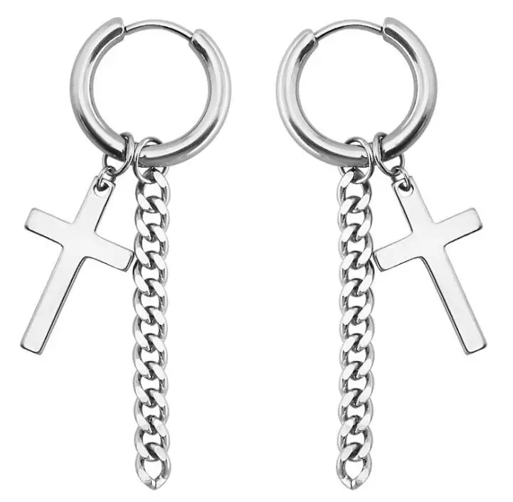 SaYao 2 Pieces Stainless Steel Hoop Earring Skull Cross Tassel Chain Ear Earrings Huggie Earring Jewelry Helix Tragus Boy Men