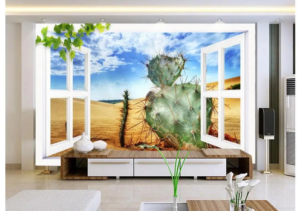 3d индивидуальные обои окно пустыня кактус 3D ТВ фон фотообои украшение дома |