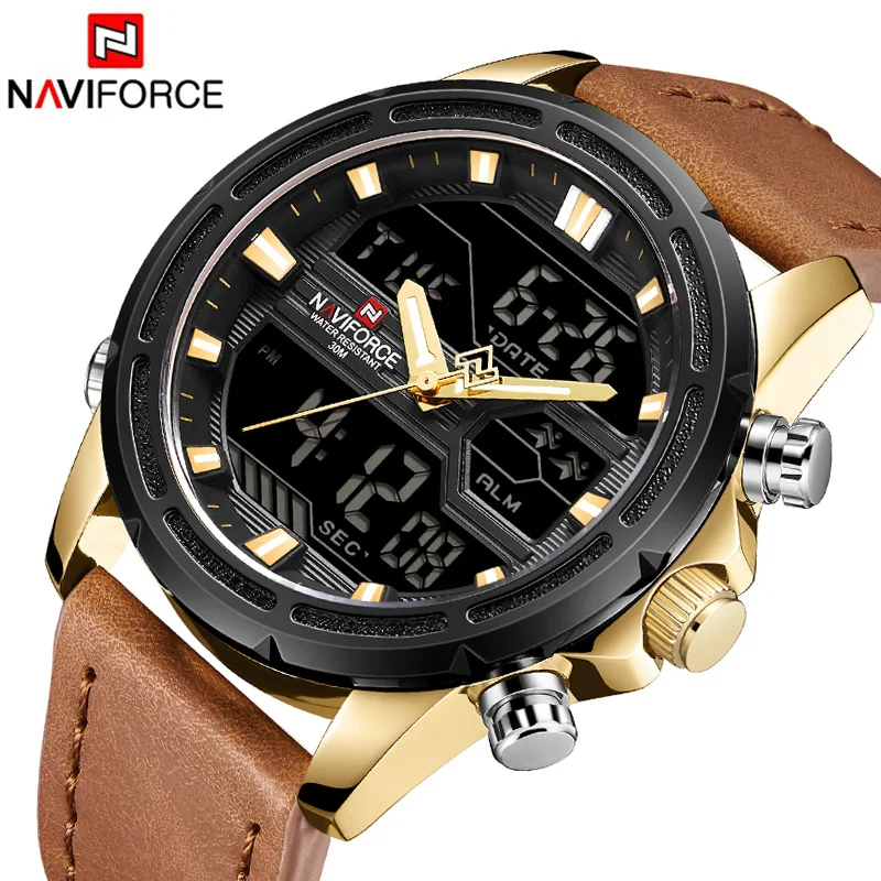 NAVIFORCE мужские роскошные золотые часы кожаные спортивные водонепроницаемые