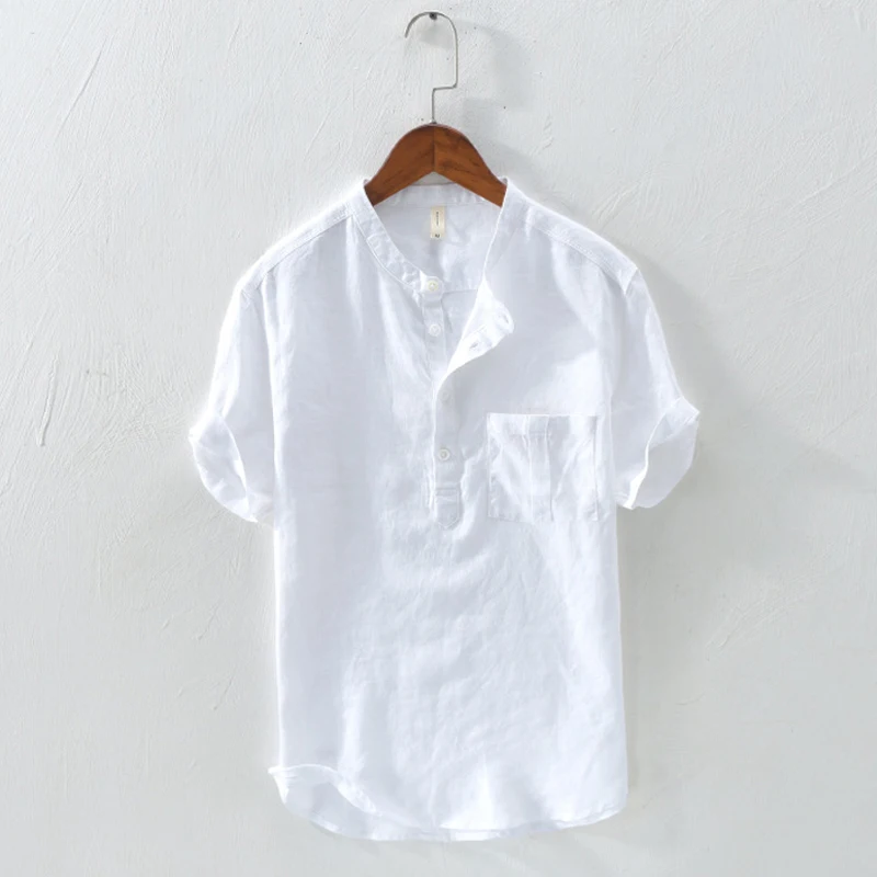 100% льняные мужские рубашки летние с коротким рукавом повседневные