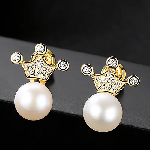 S925 Silver Earrings Stud Engagement 7-7.5mm Natural Freshwater Pearl Jewelry Korean Crown Female Wedding Pearls | Украшения и