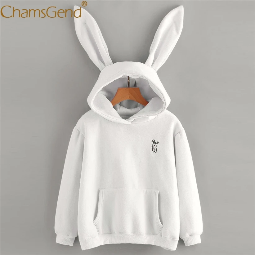 Женская теплая толстовка Chamsgend белая с заячьими ушками и передним карманом зима