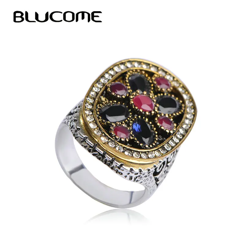 

Blucome Vintage New Mosaic Big Blue Ring Acrylic Resin Antique Silver Color Bohemian Jewelry Women's Wedding Accessories Gifts