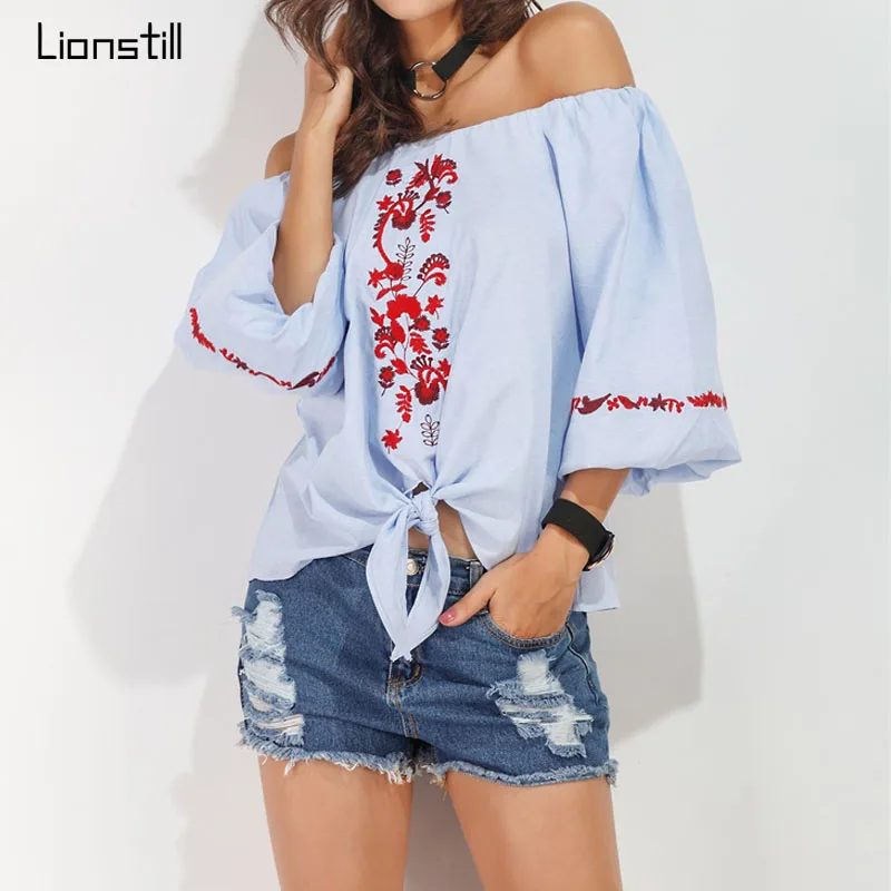 Цветочные Вышивка Slash Шеи Блузка Рубашка Женщины Хлопок Фонарь Половины Рукав