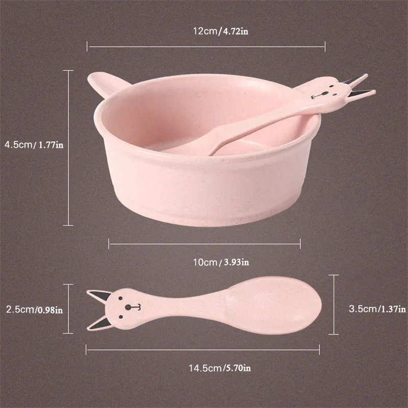 Lovely Children Tableware Set Big Ears Rabbit Shape Bowl+Fun Pattern Spoon Wheat Straw Material Kids Resistance Feeding Bowl