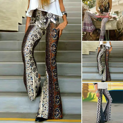 Женские длинные брюки с высокой талией Boho хиппи модные клеш колокол цветочным