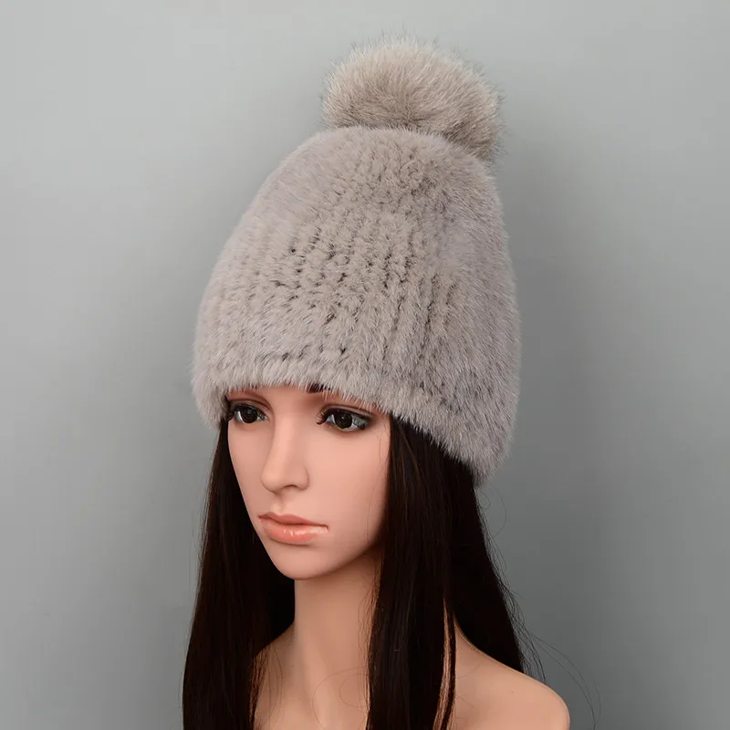 05 gray Норковая меховая шапка вязаная, головные уборы с помпоном из меха лисы зимние женские шапки натуральный мех шапки для женщин - Цвет: 05 gray