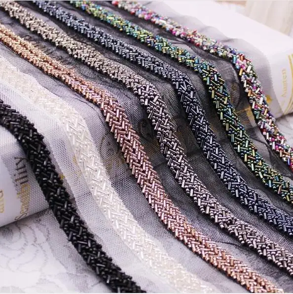 

10Yards Champagne Grey Black Pearl Beaded Embroidered Rhinestones Applique Braided Lace Ribbon Trim Collar For Wedding Dress
