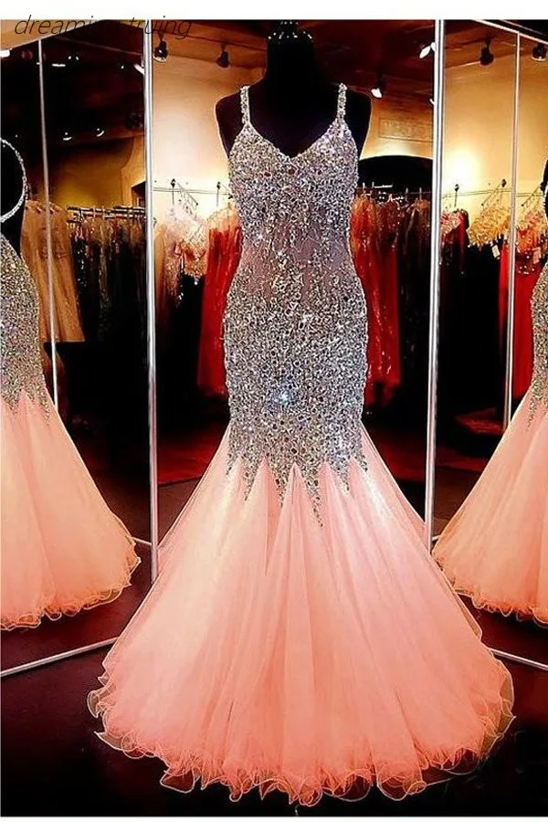 Роскошные персик Русалка платья для выпускного вечера 2019 с Bling Кристалл