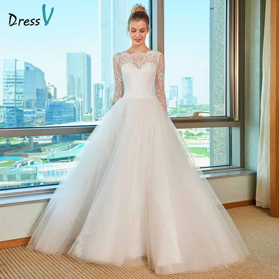 

Dressv elegant scoop neck wedding dress a line lace appliques long sleeves floor length bridal outdoor&church wedding dresses