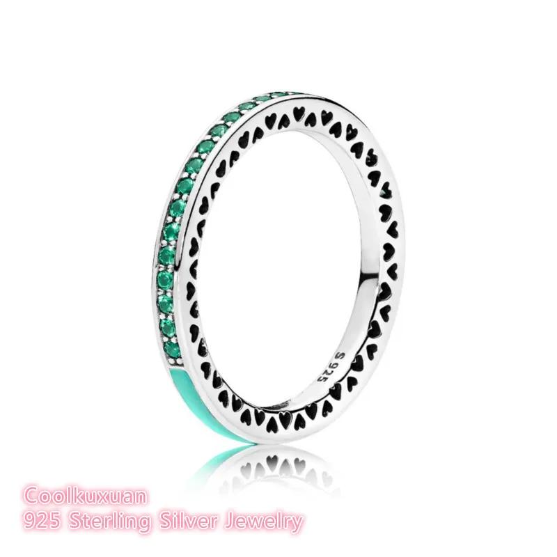 European Style Original 925 Sterling Silver Rings Radiant Hearts Bright Mint Enamel &amp Royal Green Crystals for Women | Украшения и