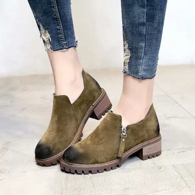 2018 autumn new Korean students round head with heel single shoes side zipper scrub casual | Обувь