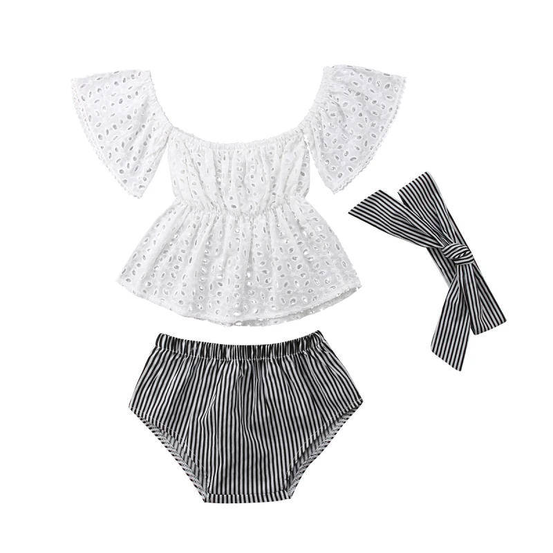 Baby Girl Off Shoulder Lace Tops Short Sleeve Hole Shirt Stripe Shorts Briefs Headband 3pcs Outfit Clothes Summer Set