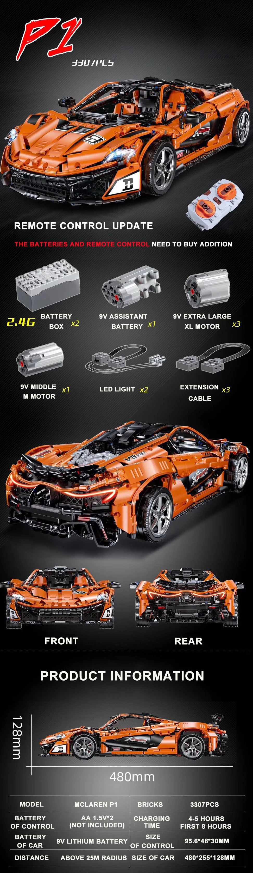 Конструкторы Technic, 3307 шт., игрушки для автомобиля, блоки для моделирования, McLarened P1, MOC 16915, модель, подарки на день рождения ребенка