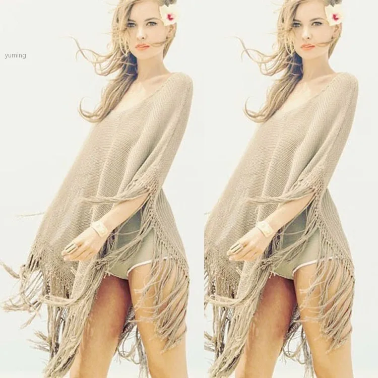 Новинка твердые женщины летучая мышь нерегулярные подол кисточка пончо кабо