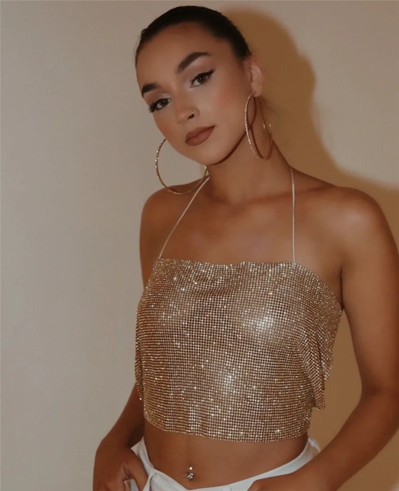 2018 Кристальный Золотой металлический укороченный топ Летний Пляжный короткий на