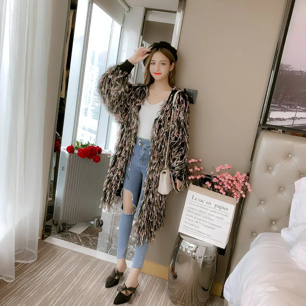 Cakucool New Women Furry Colorful Tassels Cardigans Autumn Gold Lurex Loose Lazy Korean Open Stitch Sweaters Female Cappa |