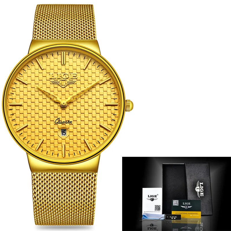 All gold LIGE, мужские часы, роскошный бренд, часы для мужчин, модные спортивные кварцевые часы, нержавеющая сталь, сетчатый ремешок, ультра тонкий циферблат, часы с датой - Цвет: All gold