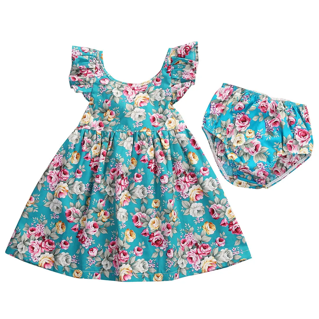 2017 Summer Beach Dress Baby Girls Ruffle Floral Sleeveless Sundress Briefs Outfits Clothes Set Hot Sale | Детская одежда и обувь
