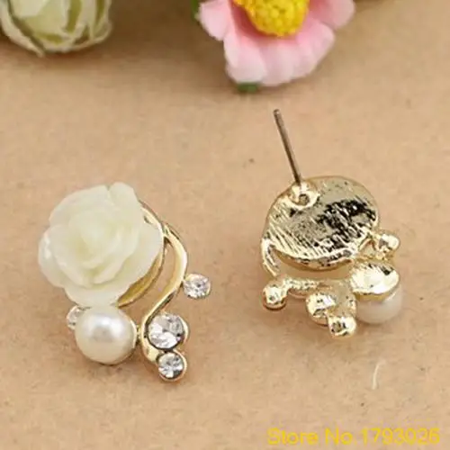 OL розовый цветок розы Блестящий Кристалл Rhinestone корейский стиль жемчуг Серьги