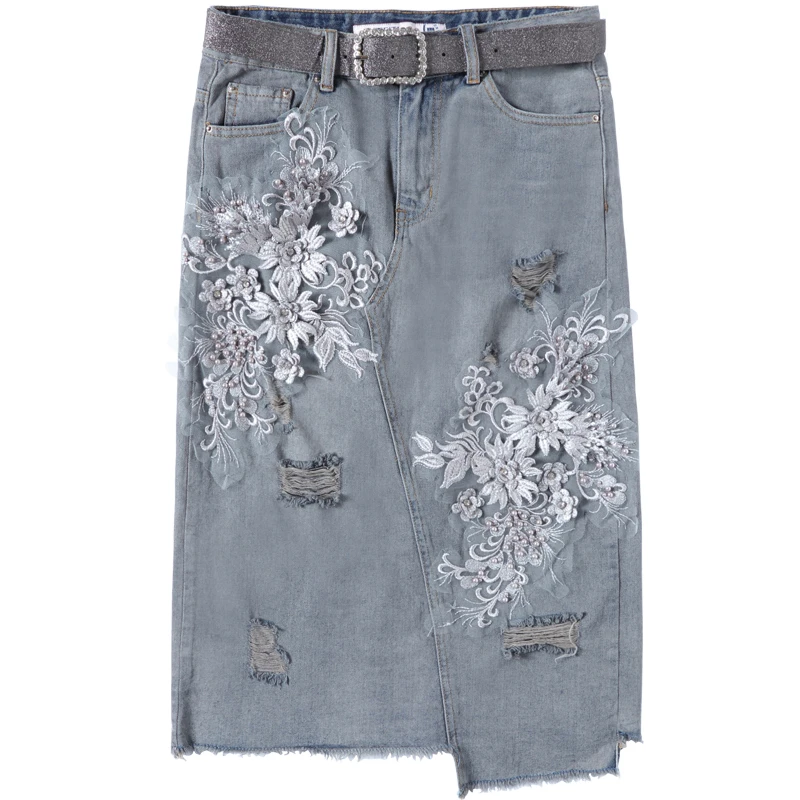 

denim women skirts flower embroidery knee-length female lady solid gray jeans skirts top quality