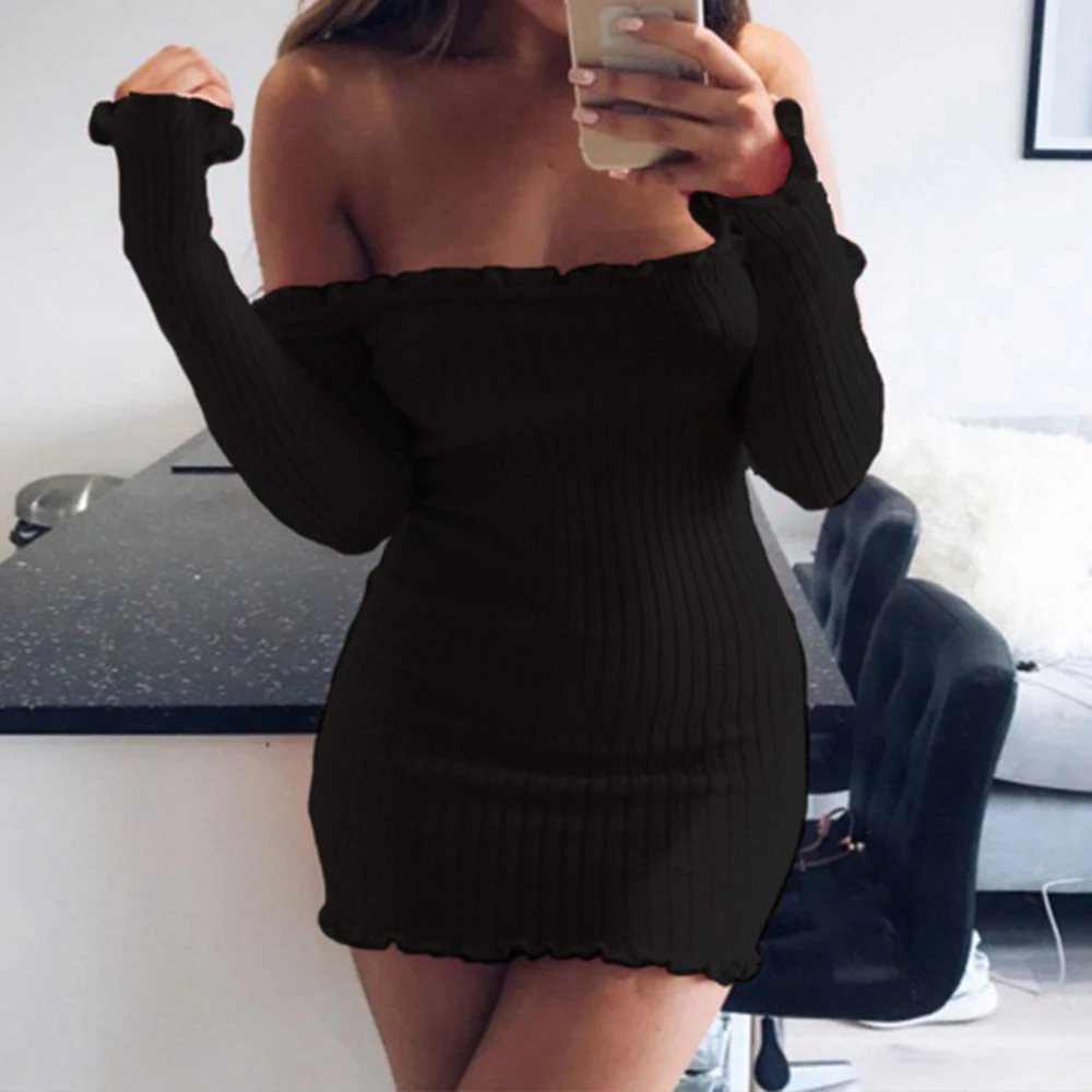 

Мини-платье с открытыми плечами, Драпированное Платье Ncek с длинным рукавом, без бретелек, сексуальное облегающее платье на бедрах, женское в...