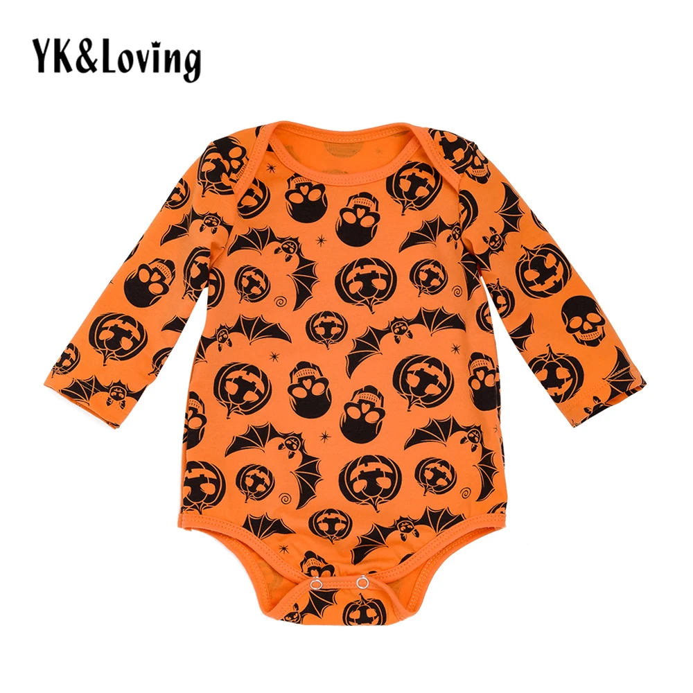 Новые для маленьких мальчиков комбинезон Хэллоуин хлопок оранжевый череп тыквы