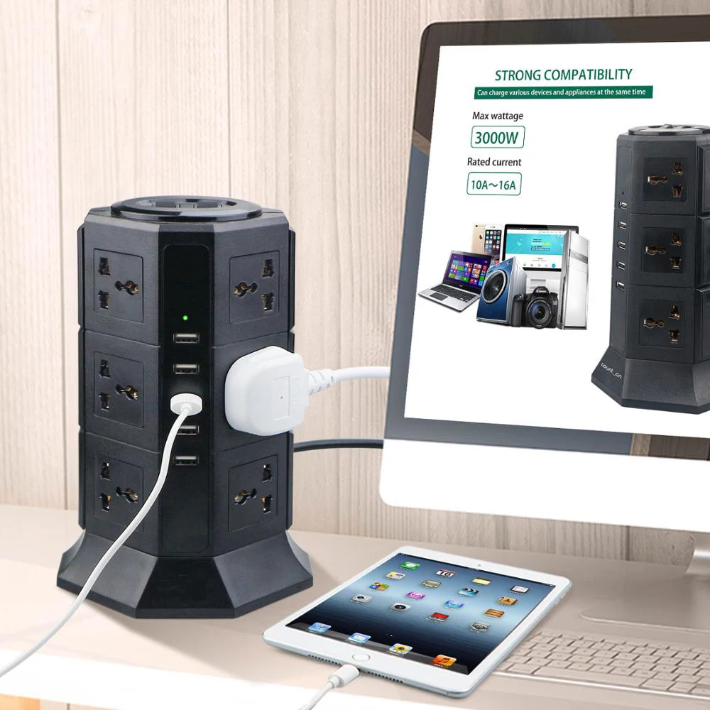 Вертикальная USB лента питания 8/12 EU/UK/US/AU, универсальные розетки с usb-зарядным устройством, защита от перенапряжения 6,6 фута/2 м, удлинитель