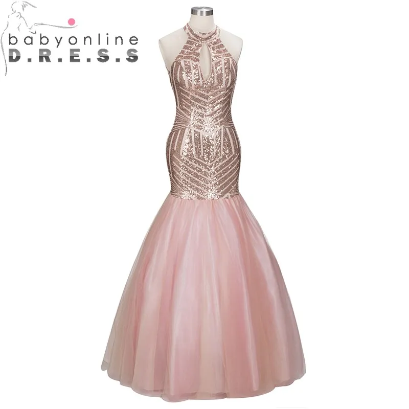 Женское длинное блестящее платье-русалка розовое платье с лямкой на шее и