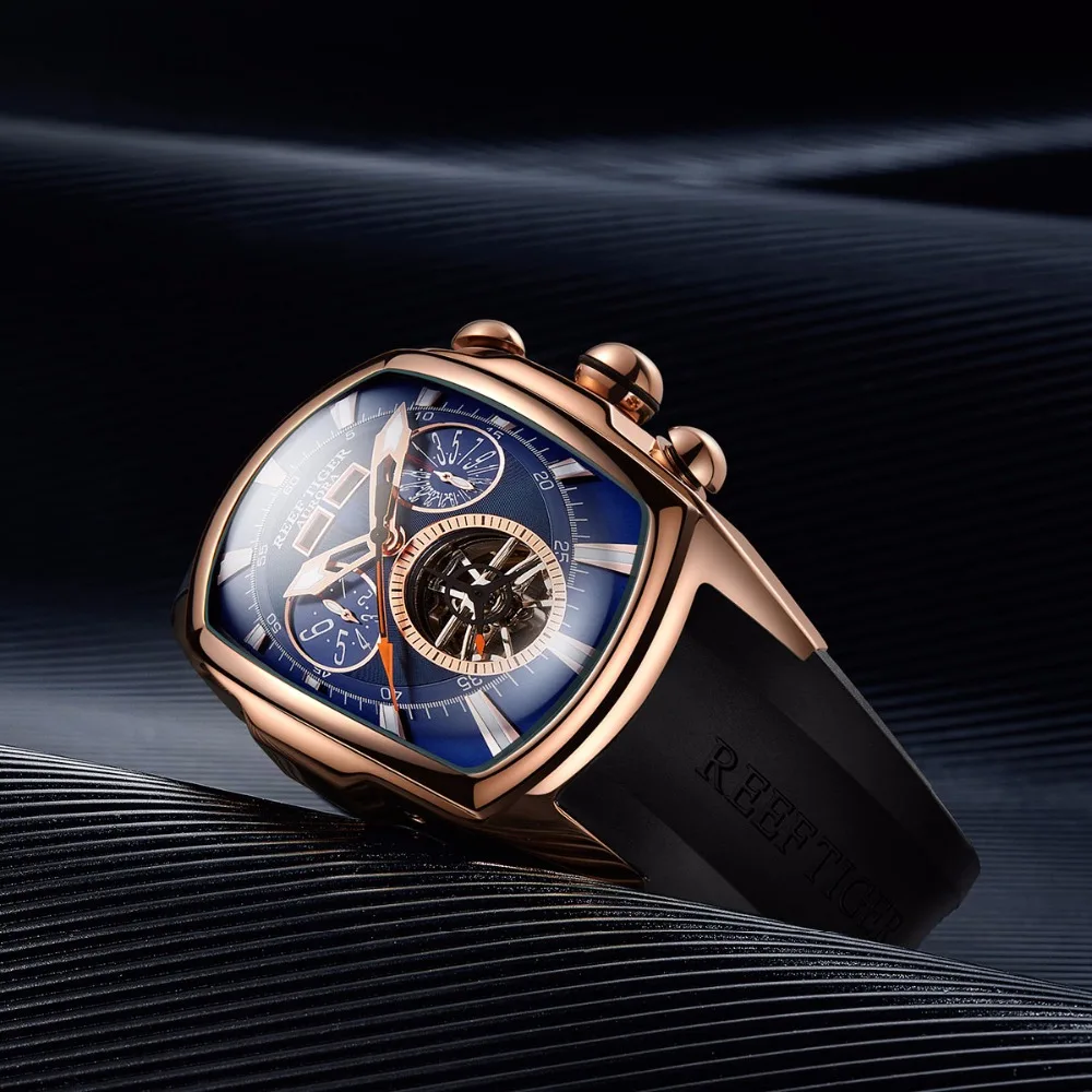 Спортивные часы Reef Tiger мужские светящиеся аналоговые механические Tourbillon