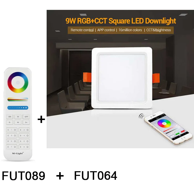 Miboxer FUT064 9W RGB+ CCT Квадратный светодиодный светильник AC100~ 240 V, FUT089 8-Zone RGB+ CCT пульт дистанционного управления - Испускаемый цвет: FUT064 and FUT089