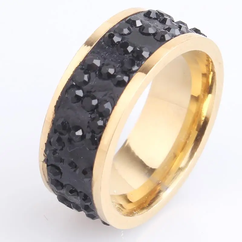 free shipping 8mm gold color Great Wall black crystal 316L Stainless Steel finger rings for men women wholesale | Украшения и