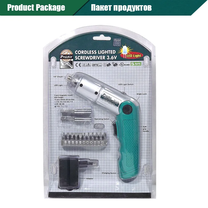 Pro'skit PT-1136G 3,6 V аккумуляторная Складная мини-Перезаряжаемые электрическая отвертка