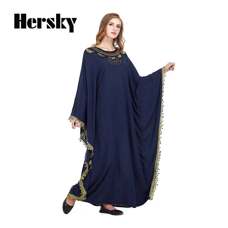 Middle East Dubai Loose Abaya Kaftan Turkish Muslim Embroidery Dress Islamic Women Bat Sleeve Navy Dresses Clothing Plus Size |