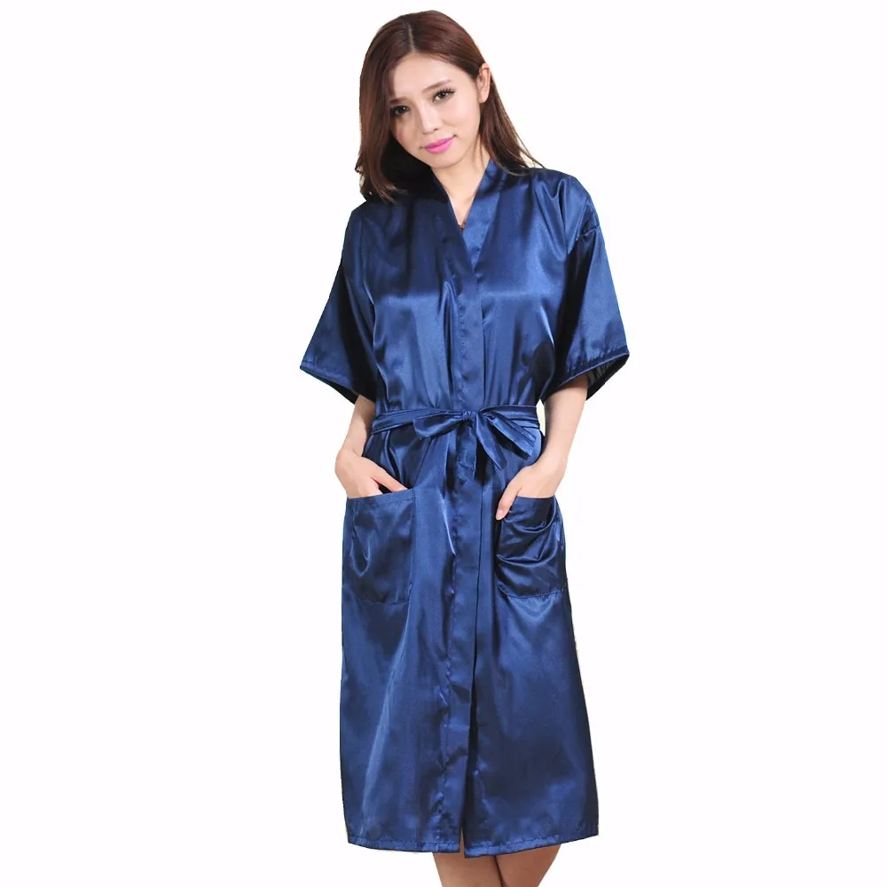 

Novelty Clothing Navy Blue Rayon Bathrobe Women's Kimono Long Robe Sexy Lingerie Classic Nightgown Sleepwear With Belt
